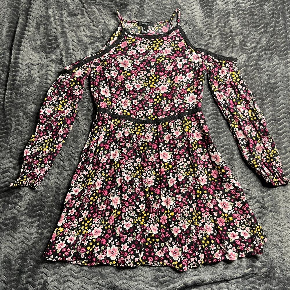 Forever 21 Boho Black floral Tunic Mini Dress Size Large